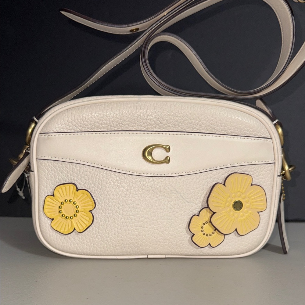 Coach TEA ROSE REIMAGINED Cream and Yellow Floral Crossbody LEATHER Bag